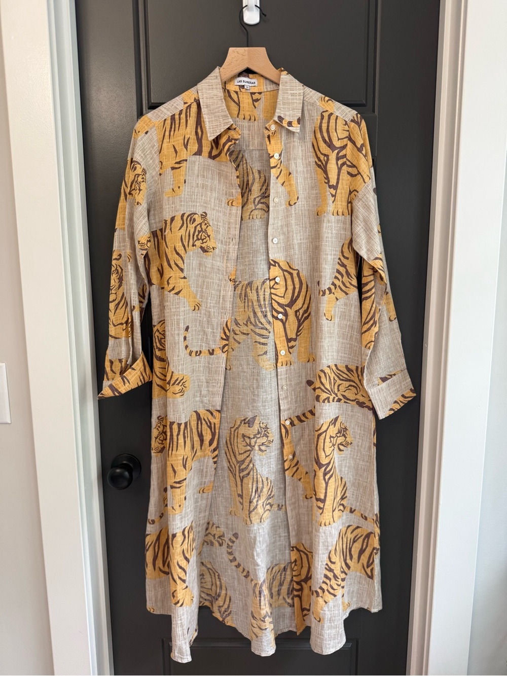 Pas Surenas Tiger Print Linen Shirt Dress in Mustard and Beige